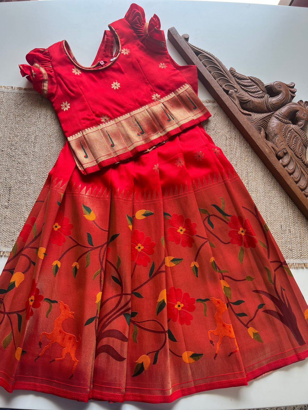 Paithani Skirt with bodice and peplum top Red - Festive Collection Express | SHOBITAM