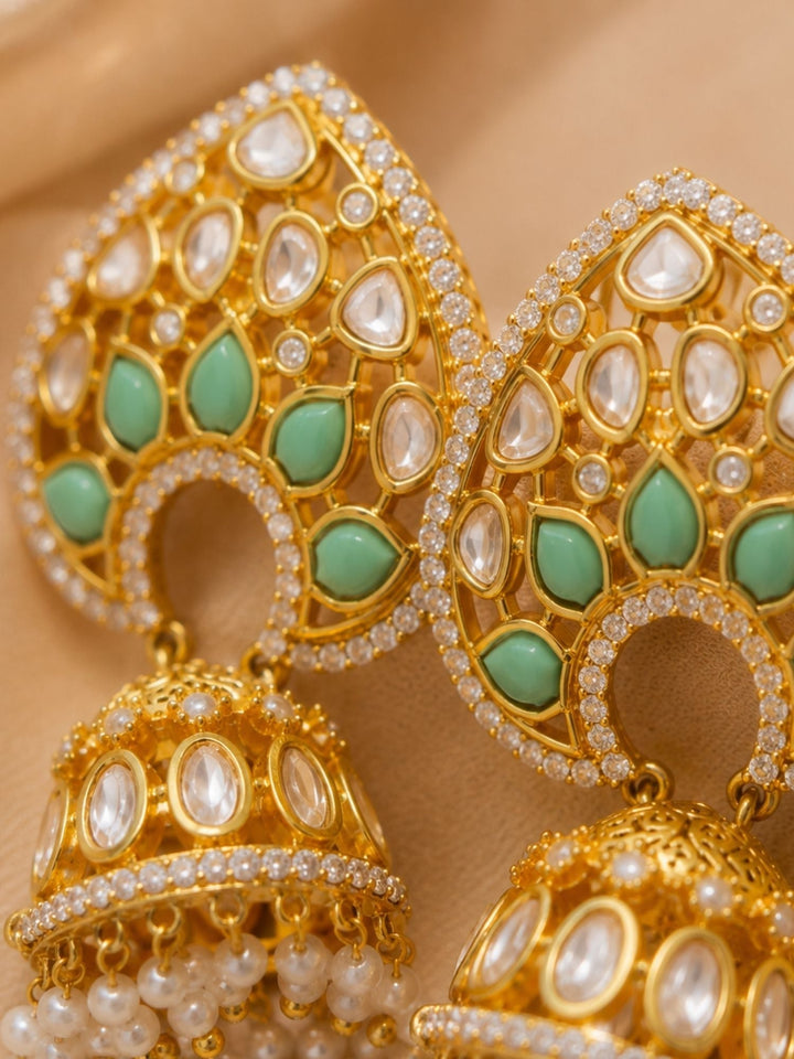 Mint Green Kundan Triple Jhumka Earrings | SHOBITAM