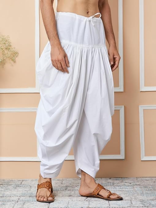 White Mid-Rise Loose Fit Pure Cotton Elasticated Solid Pleated Dhoti (Salwar) | SHOBITAM