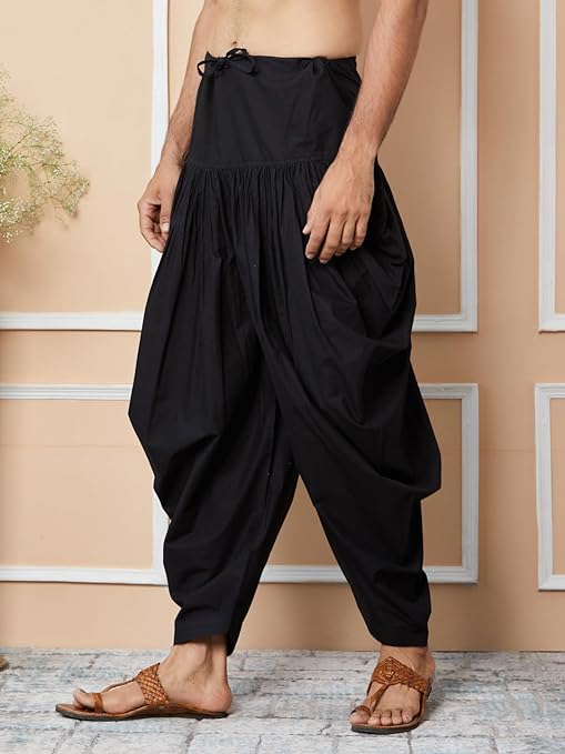 Black Mid-Rise Loose Fit Pure Cotton Elasticated Solid Pleated Dhoti (Salwar) | SHOBITAM