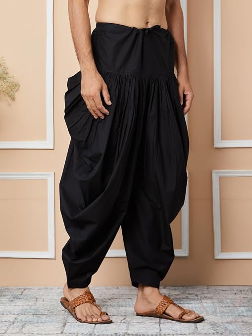 Black Mid-Rise Loose Fit Pure Cotton Elasticated Solid Pleated Dhoti (Salwar) | SHOBITAM