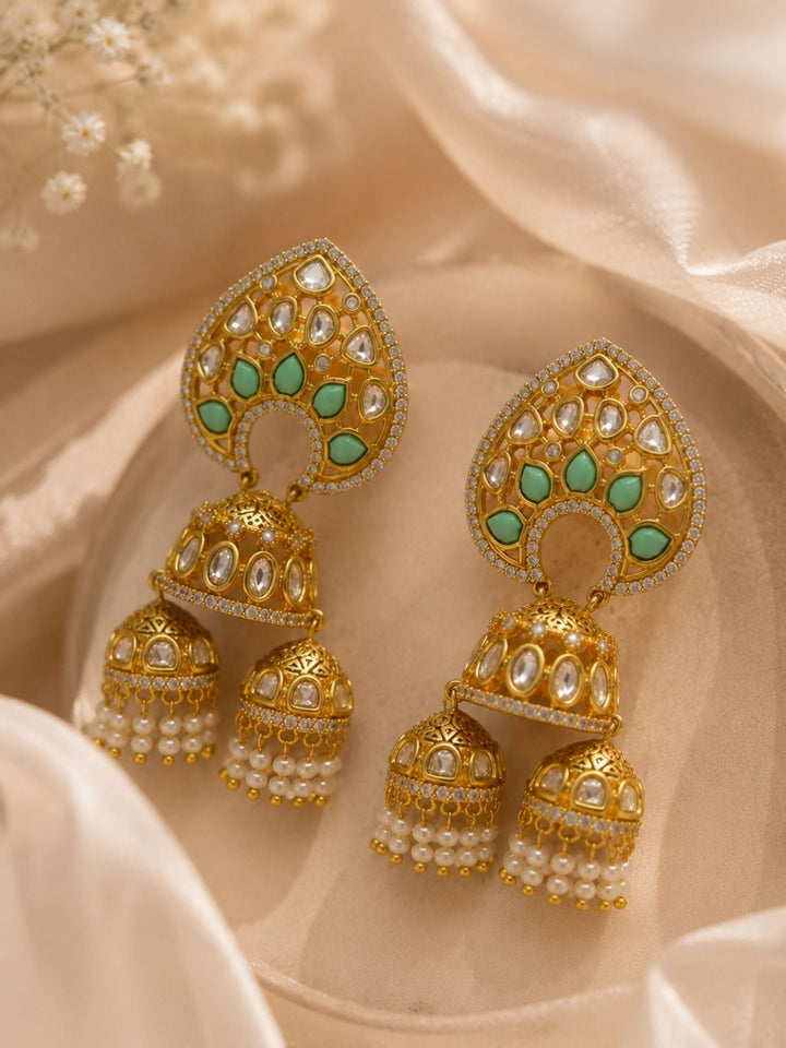 Mint Green Kundan Triple Jhumka Earrings | SHOBITAM