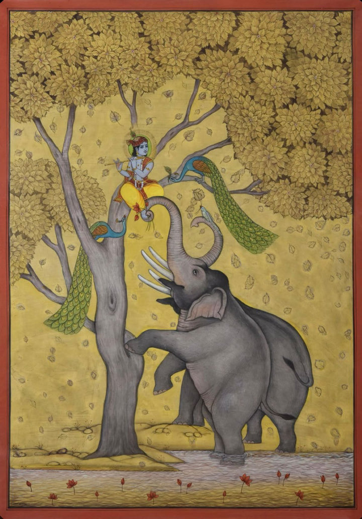 5x3 Feet Young Krishna in the Golden Grove Painting | SHOBITAM