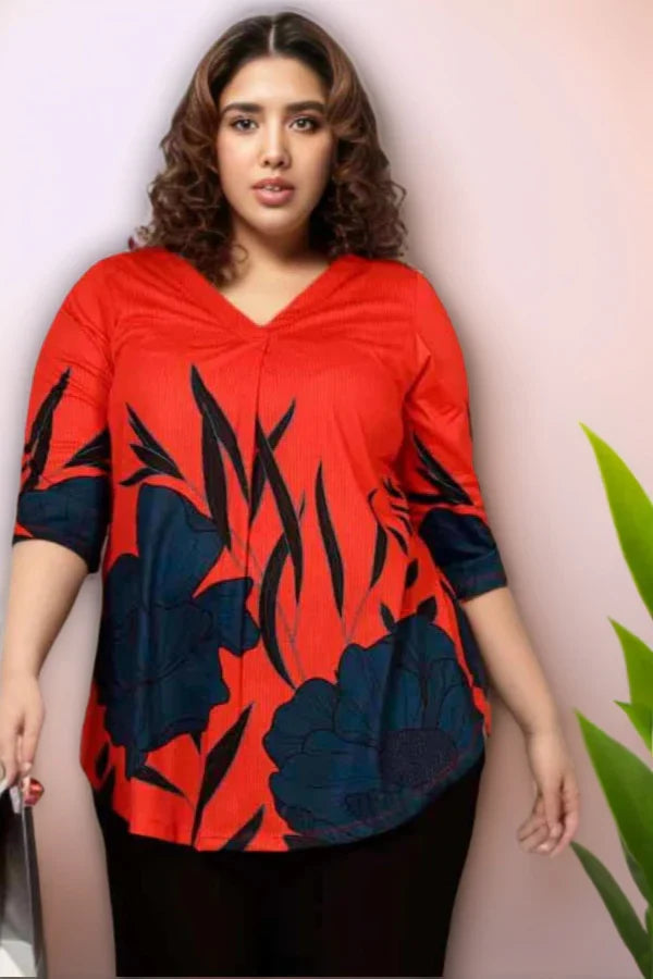 Red Teal Print Plus Size Top in Soft knitted fabric | Made to Order