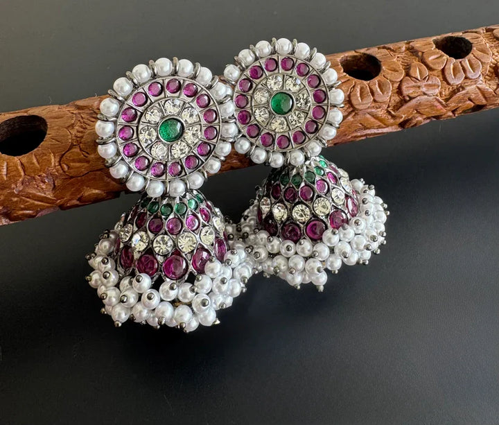Black finish precious kemp-green pearl big Jhumkka | SHOBITAM