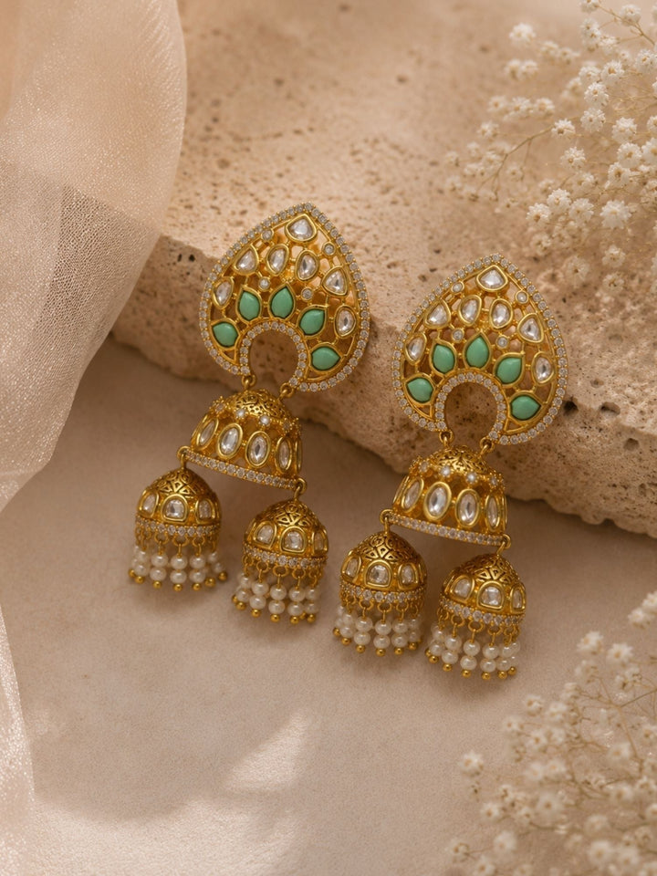 Mint Green Kundan Triple Jhumka Earrings | SHOBITAM