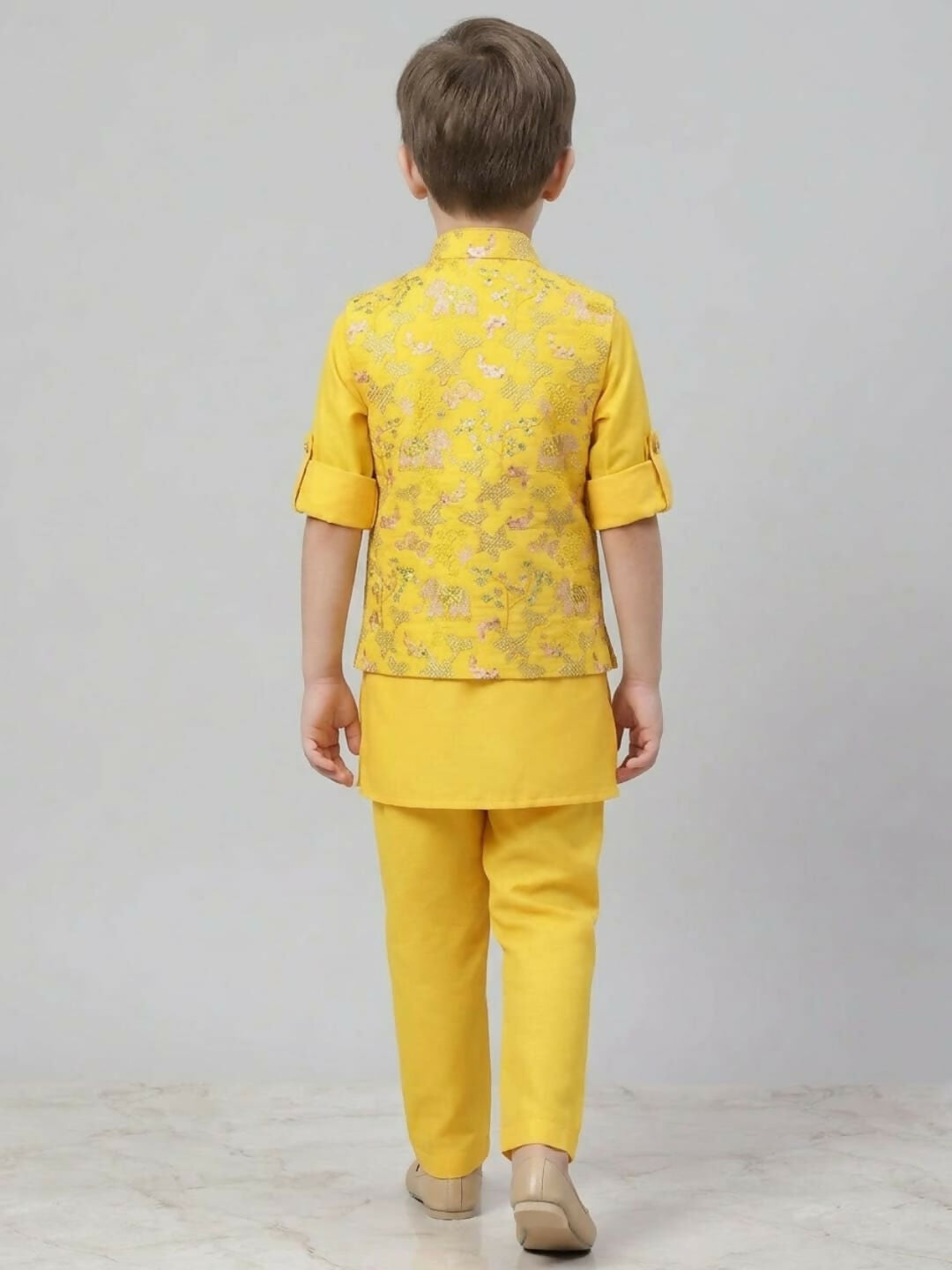 Boys Yellow Kurta Pajama Set with Embroidered Ethnic Jacket | SHOBITAM