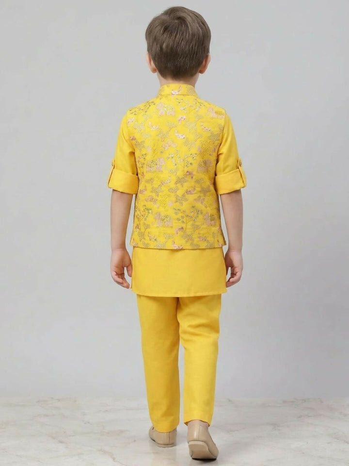 Boys Yellow Kurta Pajama Set with Embroidered Ethnic Jacket | SHOBITAM
