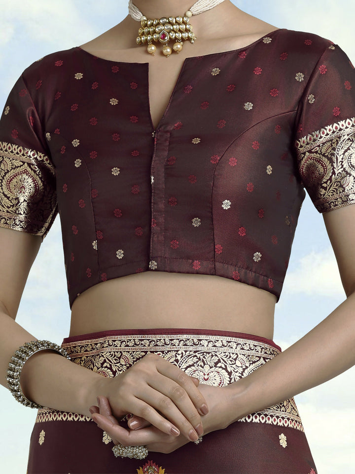 Maroon Banarasi Zari Woven Satin Silk Saree | SHOBITAM