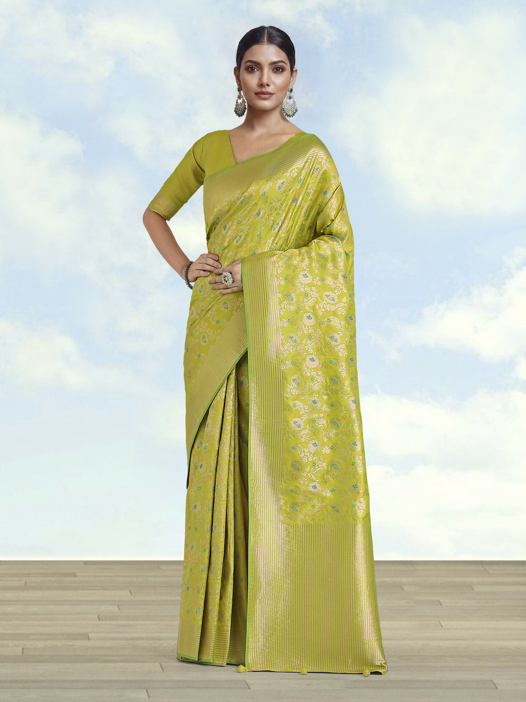 Banarasi Silk Parrot Green Jaal Pattern Saree | SHOBITAM