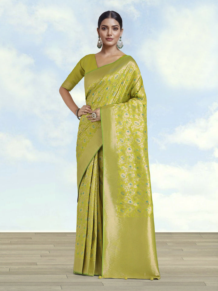 Banarasi Silk Parrot Green Jaal Pattern Saree | SHOBITAM
