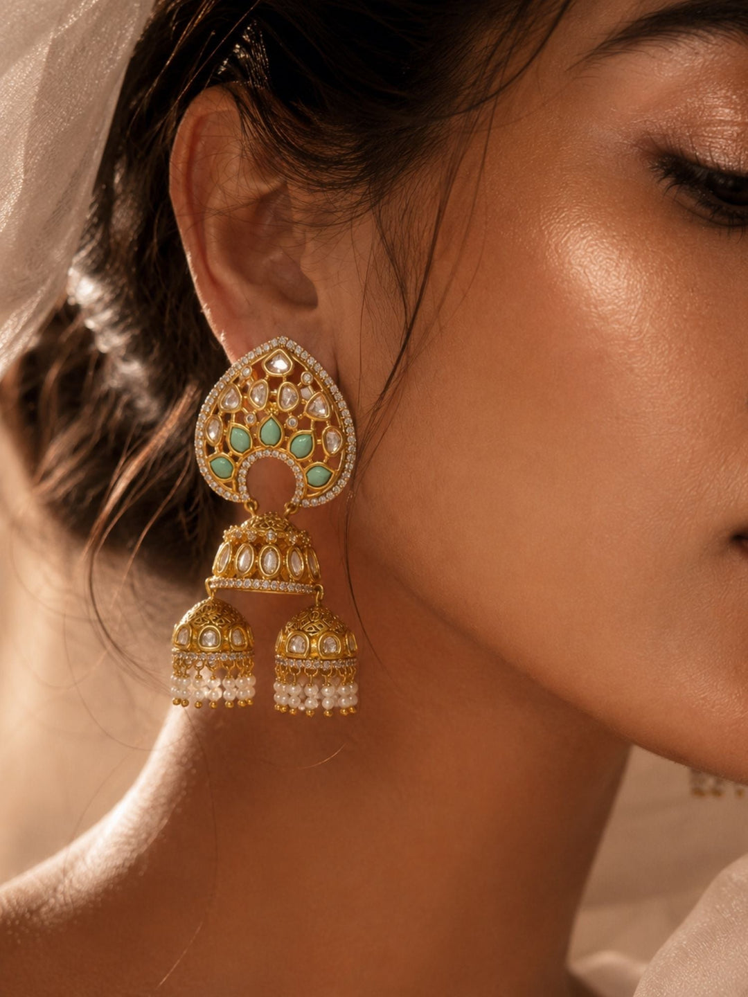 Mint Green Kundan Triple Jhumka Earrings | SHOBITAM