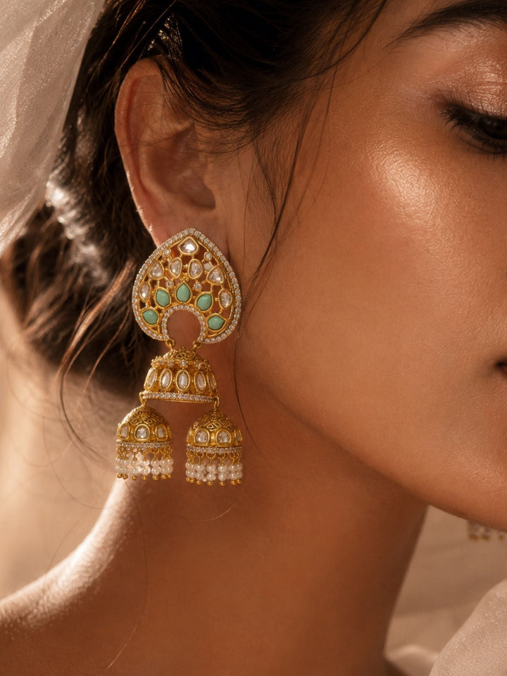 Mint Green Kundan Triple Jhumka Earrings | SHOBITAM