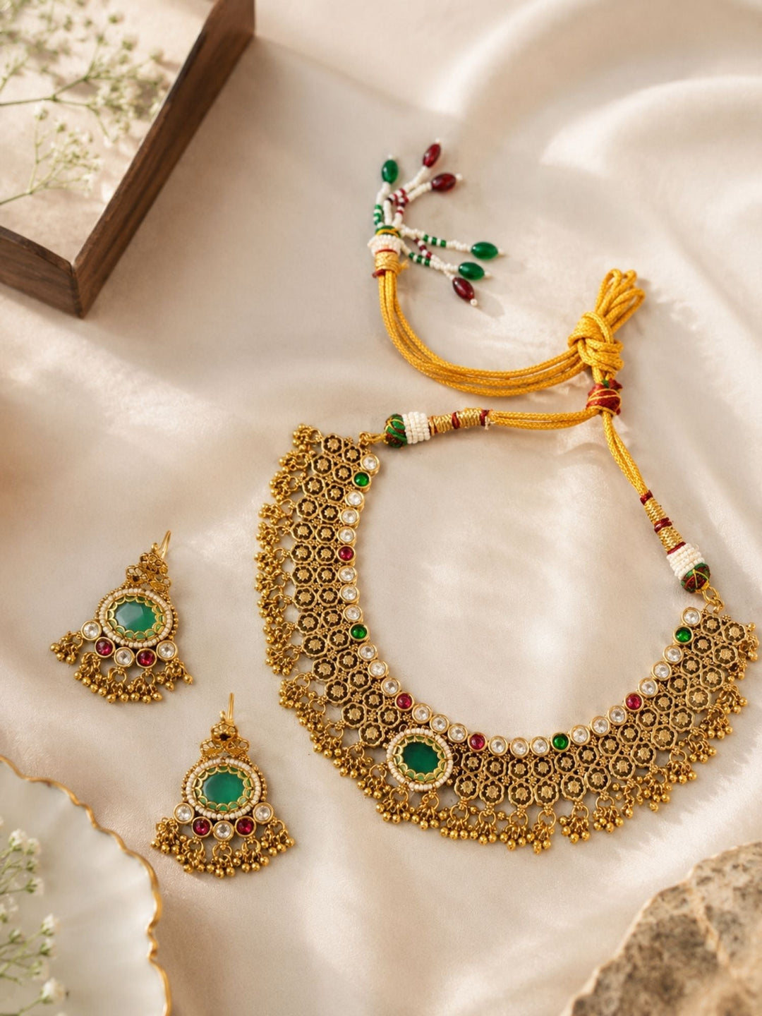 Green Stone Choker Necklace Set in Gold Plating – Bridal | SHOBITAM