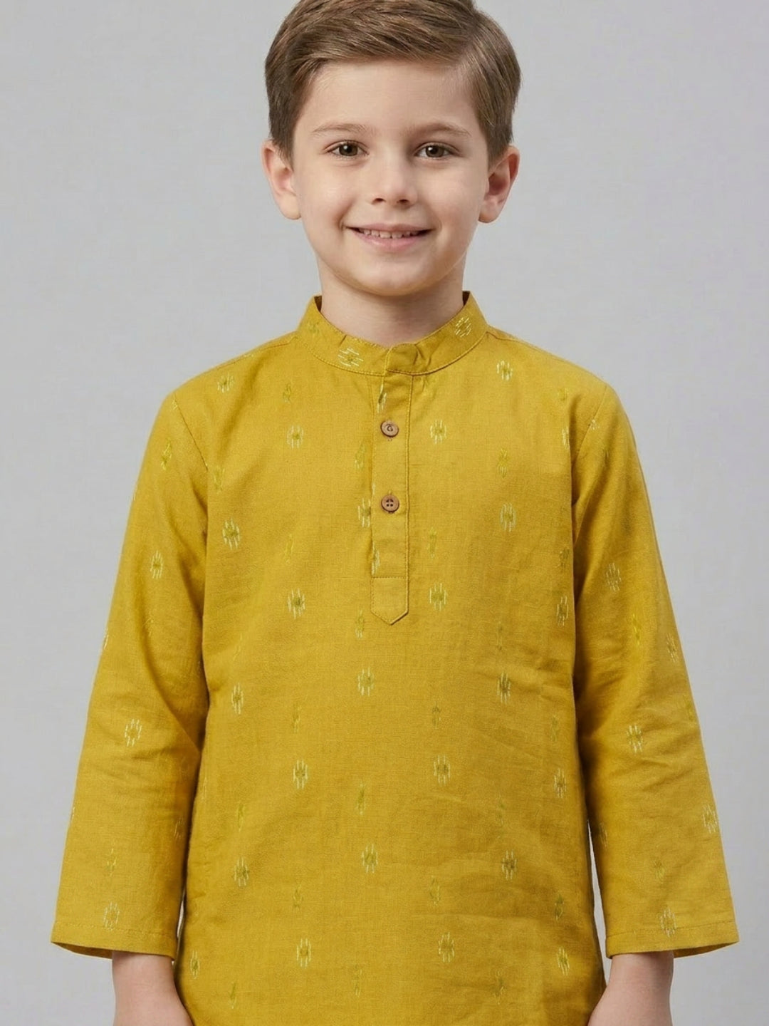 Boys Mustard Yellow Cotton Kurta Set with Geometric Ikat Motif | SHOBITAM