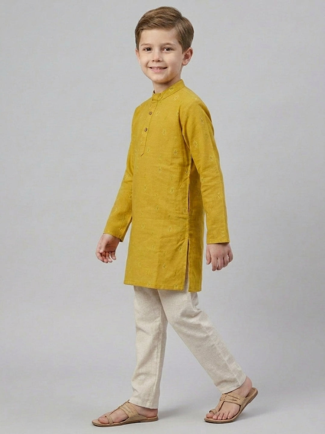 Boys Mustard Yellow Cotton Kurta Set with Geometric Ikat Motif | SHOBITAM