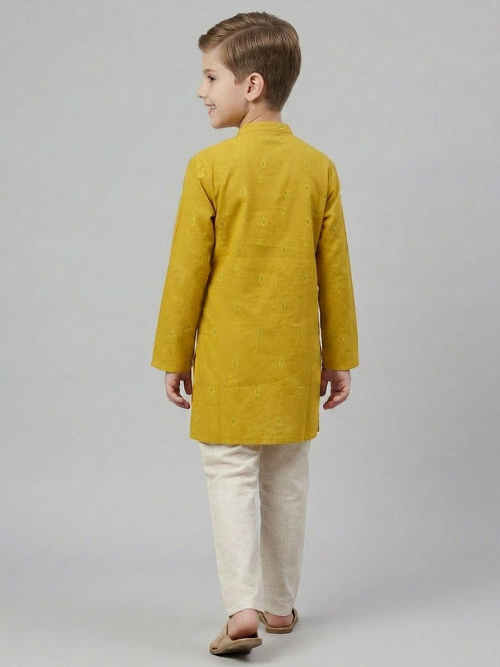 Boys Mustard Yellow Cotton Kurta Set with Geometric Ikat Motif | SHOBITAM