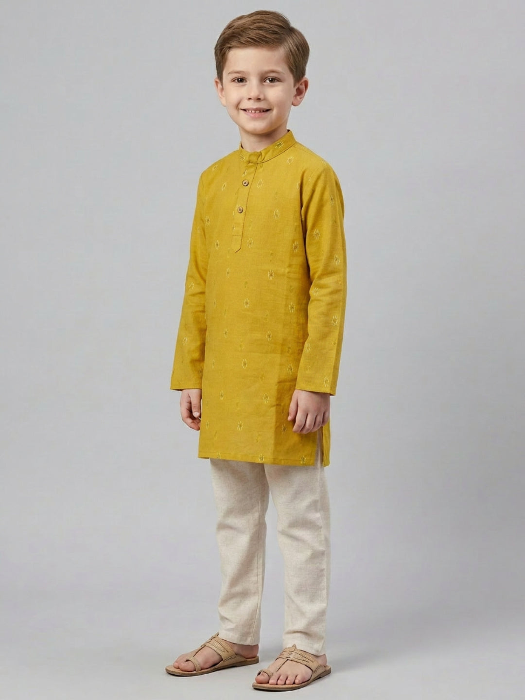 Boys Mustard Yellow Cotton Kurta Set with Geometric Ikat Motif | SHOBITAM