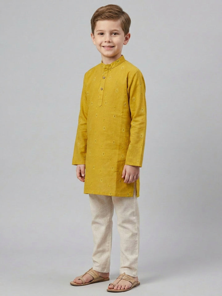 Boys Mustard Yellow Cotton Kurta Set with Geometric Ikat Motif | SHOBITAM