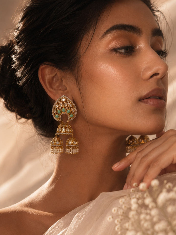 Mint Green Kundan Triple Jhumka Earrings | SHOBITAM
