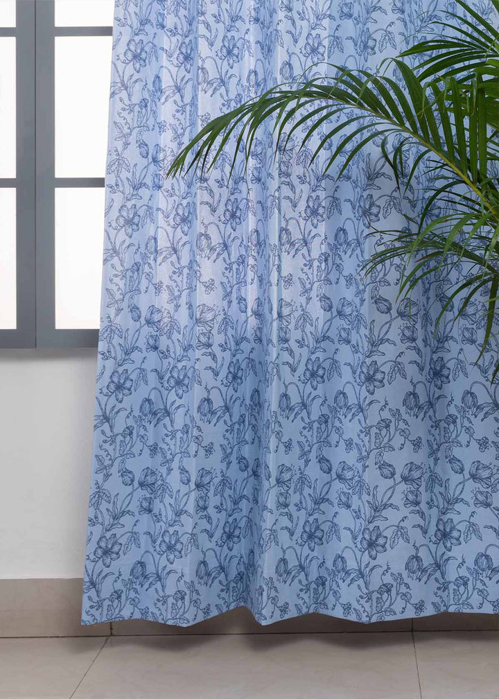 French Farmhouse 100% cotton floral curtain for living room - Room darkening - Blue - Single Piece | SHOBITAM