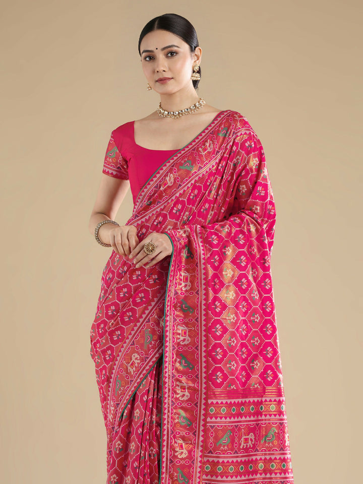 Rani Pink Semi Banarasi Satin Silk Saree With Patola Work | SHOBITAM