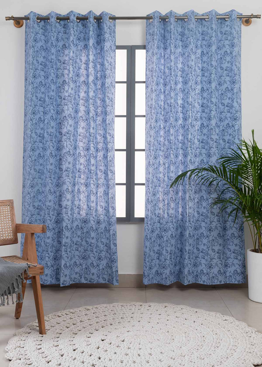 French Farmhouse 100% cotton floral curtain for living room - Room darkening - Blue - Single Piece | SHOBITAM