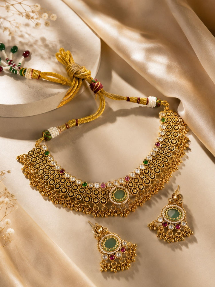 Green Stone Choker Necklace Set in Gold Plating – Bridal | SHOBITAM