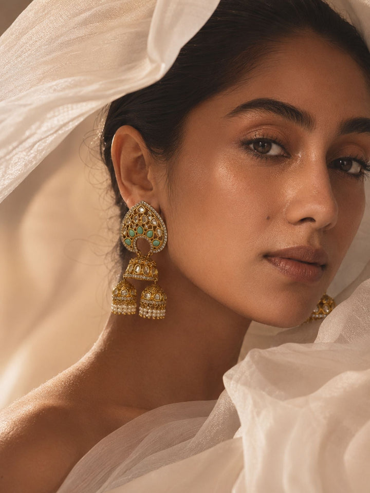 Mint Green Kundan Triple Jhumka Earrings | SHOBITAM