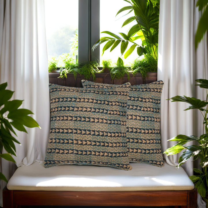 Grey Cream Kantha Silk Reversible Cushion Cover - Pack of 1 | SHOBITAM
