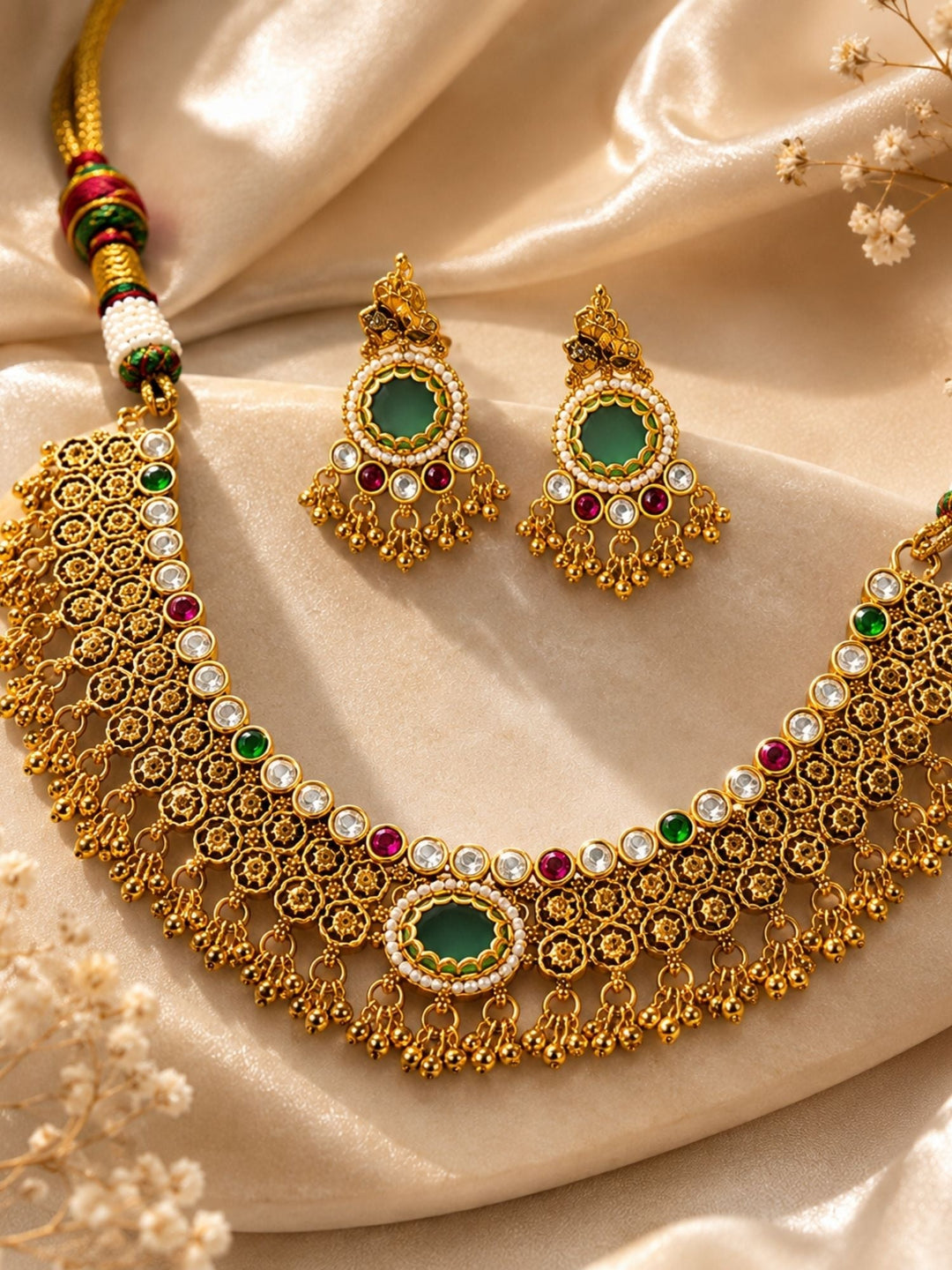 Green Stone Choker Necklace Set in Gold Plating – Bridal | SHOBITAM
