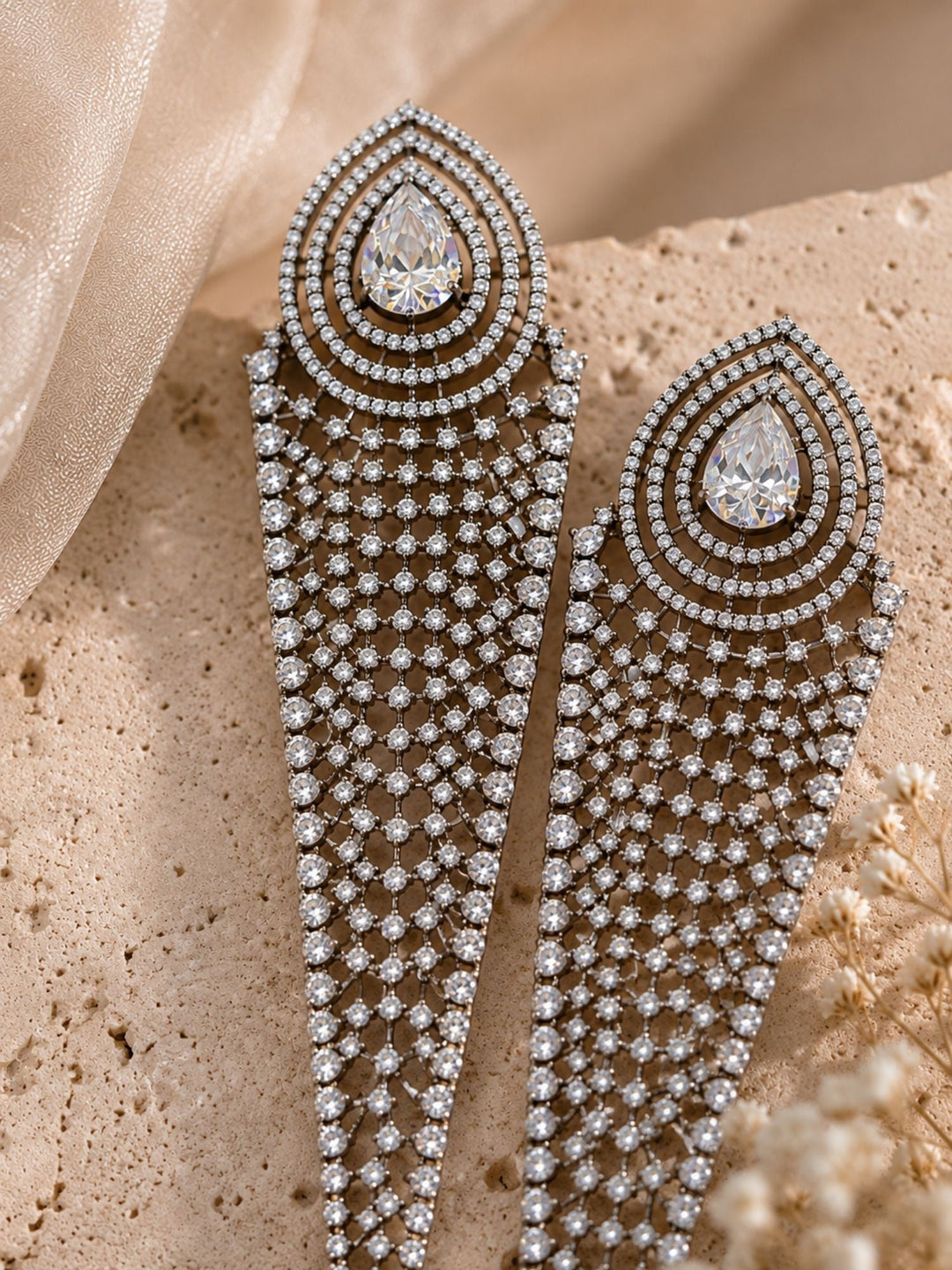 Silver CZ Long Statement Earrings – Diamond Look Party Wear | SHOBITAM