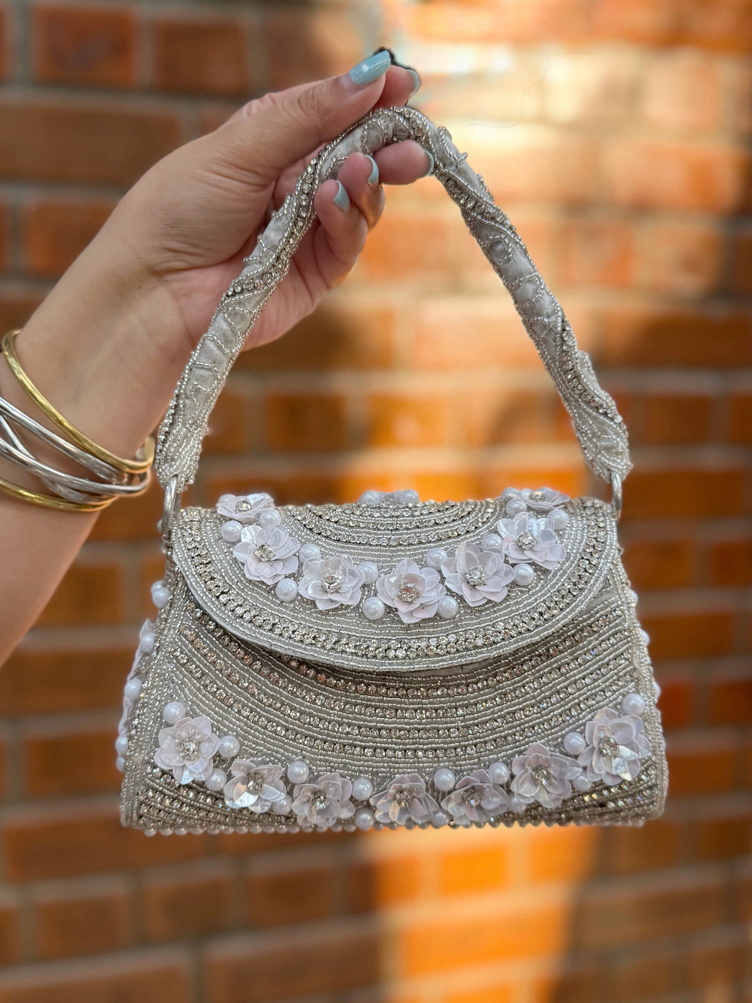 SILVER MUSE Shimmery Beads and Floral bag