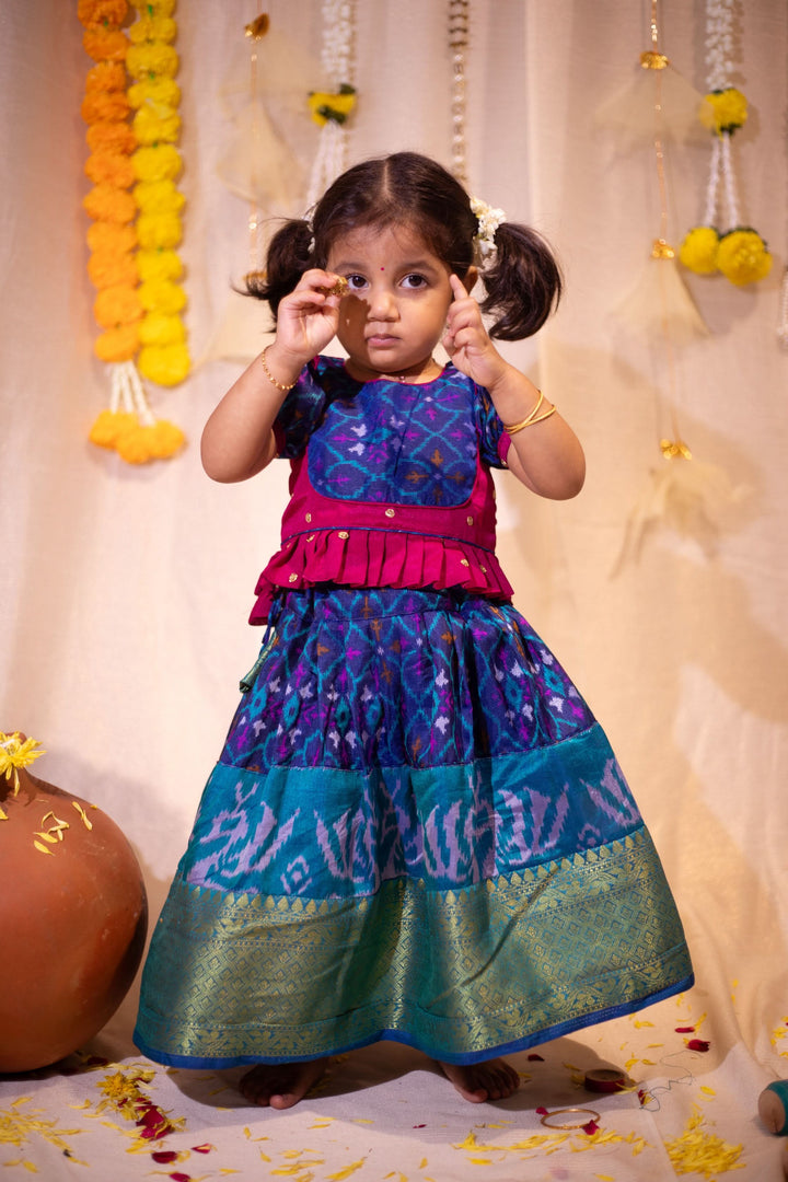 Sapphire Blue Ikkat print Lehenga and Top Set of Girl Kid | Made To Order
