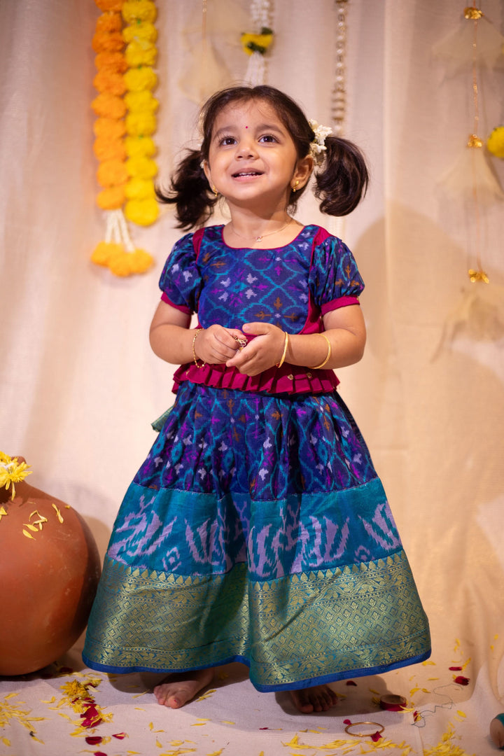 Sapphire Blue Ikkat print Lehenga and Top Set of Girl Kid | Made To Order