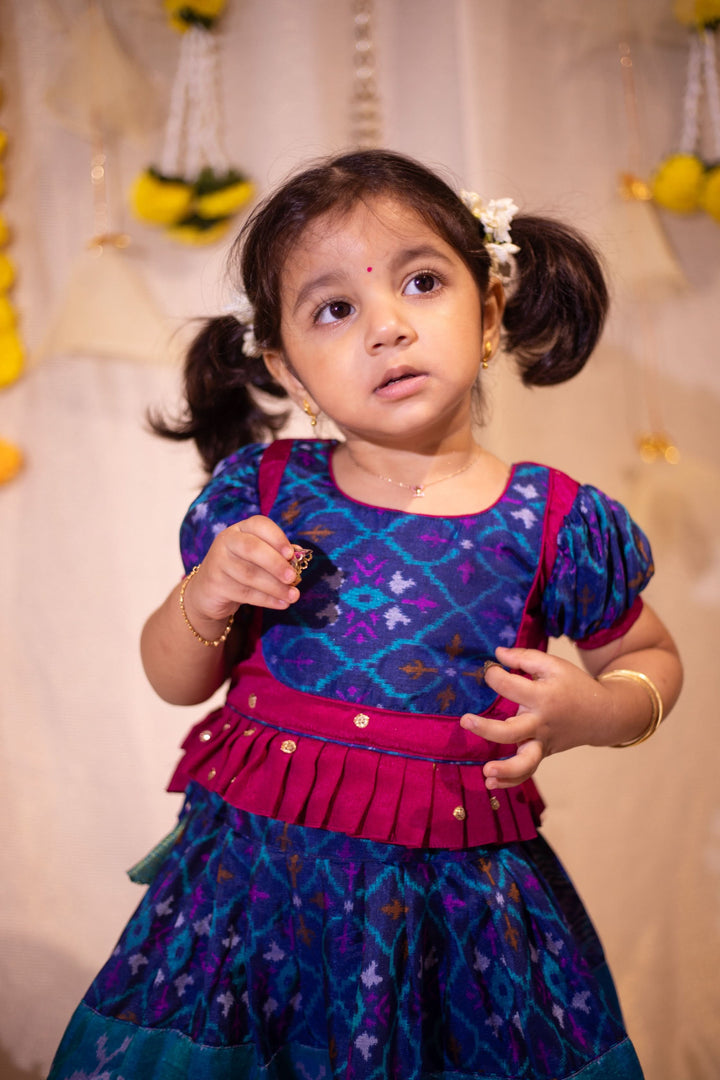 Sapphire Blue Ikkat print Lehenga and Top Set of Girl Kid | Made To Order