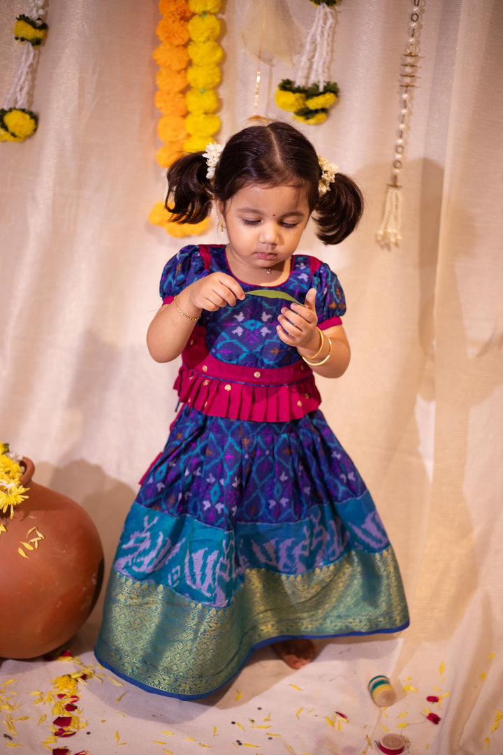 Sapphire Blue Ikkat print Lehenga and Top Set of Girl Kid | Made To Order