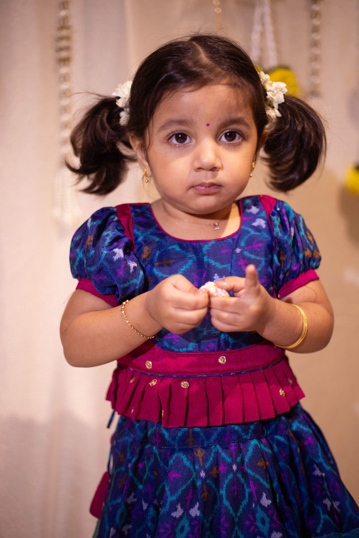 Sapphire Blue Ikkat print Lehenga and Top Set of Girl Kid | Made To Order