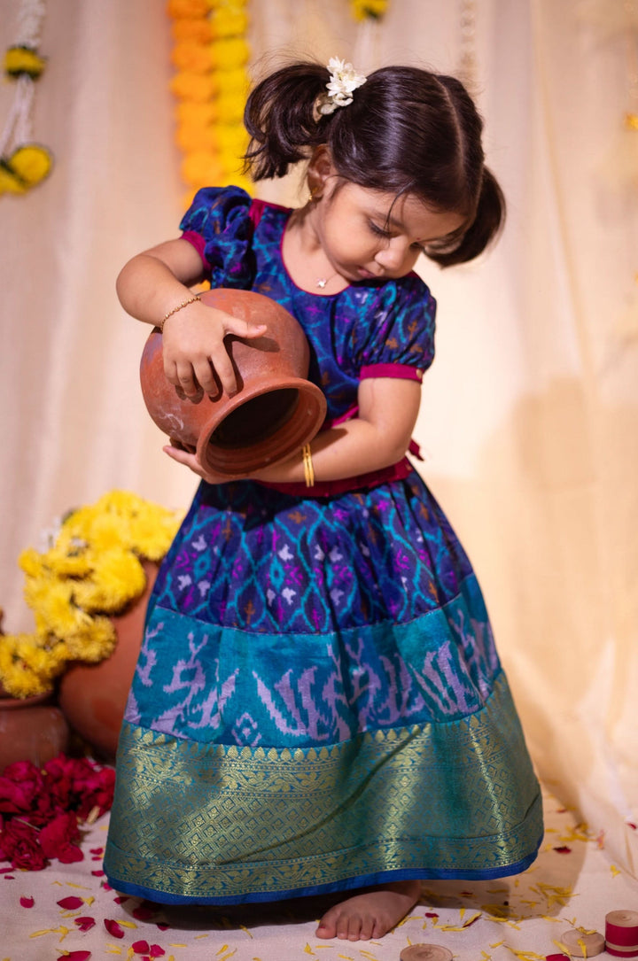 Sapphire Blue Ikkat print Lehenga and Top Set of Girl Kid | Made To Order