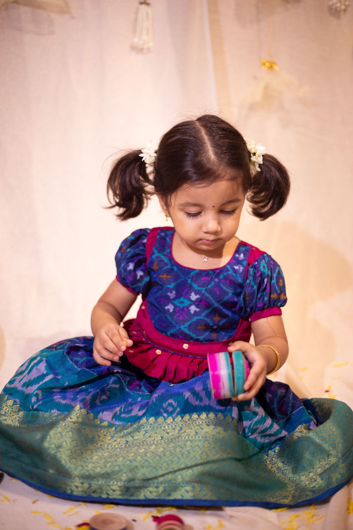 Sapphire Blue Ikkat print Lehenga and Top Set of Girl Kid | Made To Order