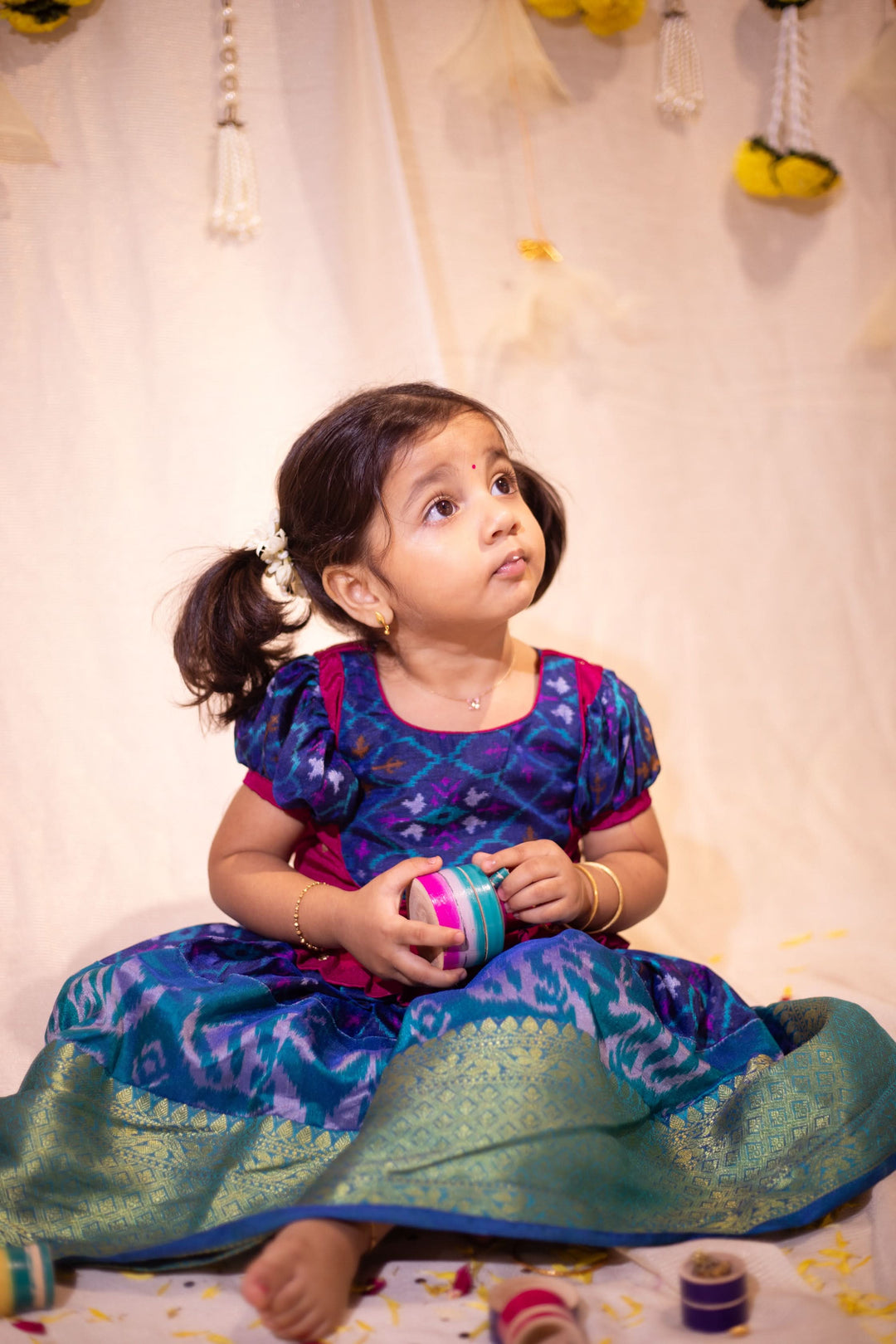 Sapphire Blue Ikkat print Lehenga and Top Set of Girl Kid | Made To Order
