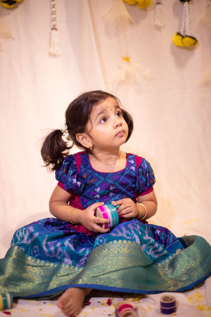 Sapphire Blue Ikkat print Lehenga and Top Set of Girl Kid | Made To Order