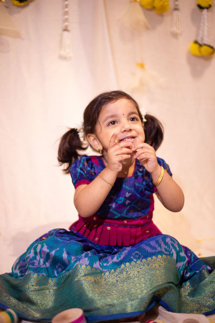 Sapphire Blue Ikkat print Lehenga and Top Set of Girl Kid | Made To Order