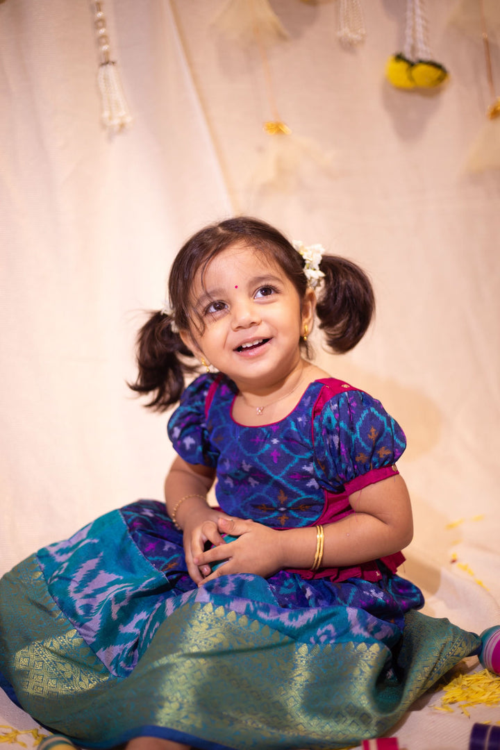 Sapphire Blue Ikkat print Lehenga and Top Set of Girl Kid | Made To Order