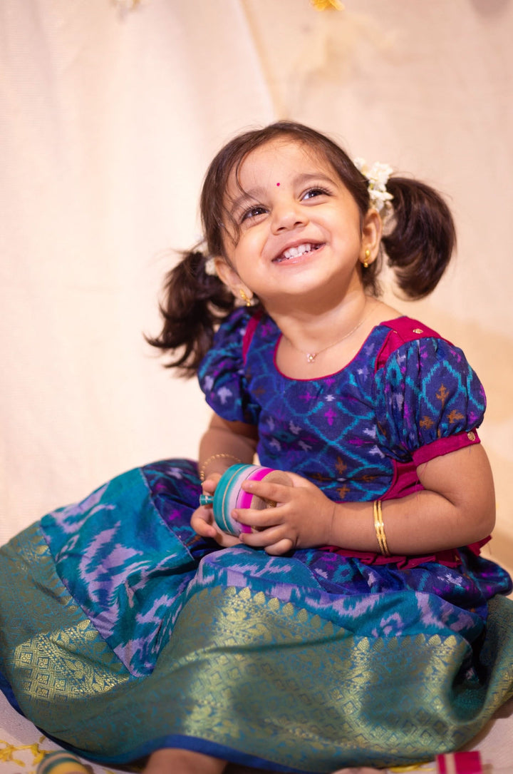 Sapphire Blue Ikkat print Lehenga and Top Set of Girl Kid | Made To Order