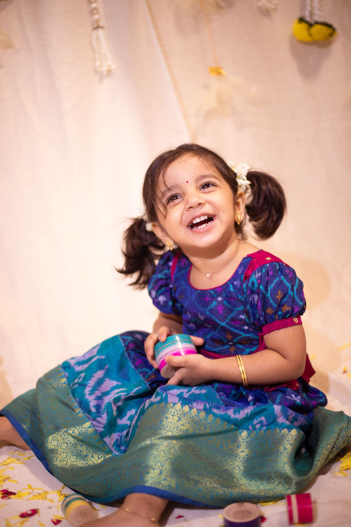 Sapphire Blue Ikkat print Lehenga and Top Set of Girl Kid | Made To Order