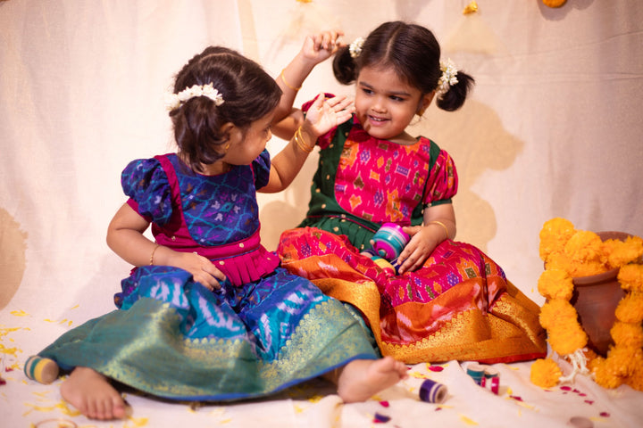 Sapphire Blue Ikkat print Lehenga and Top Set of Girl Kid | Made To Order