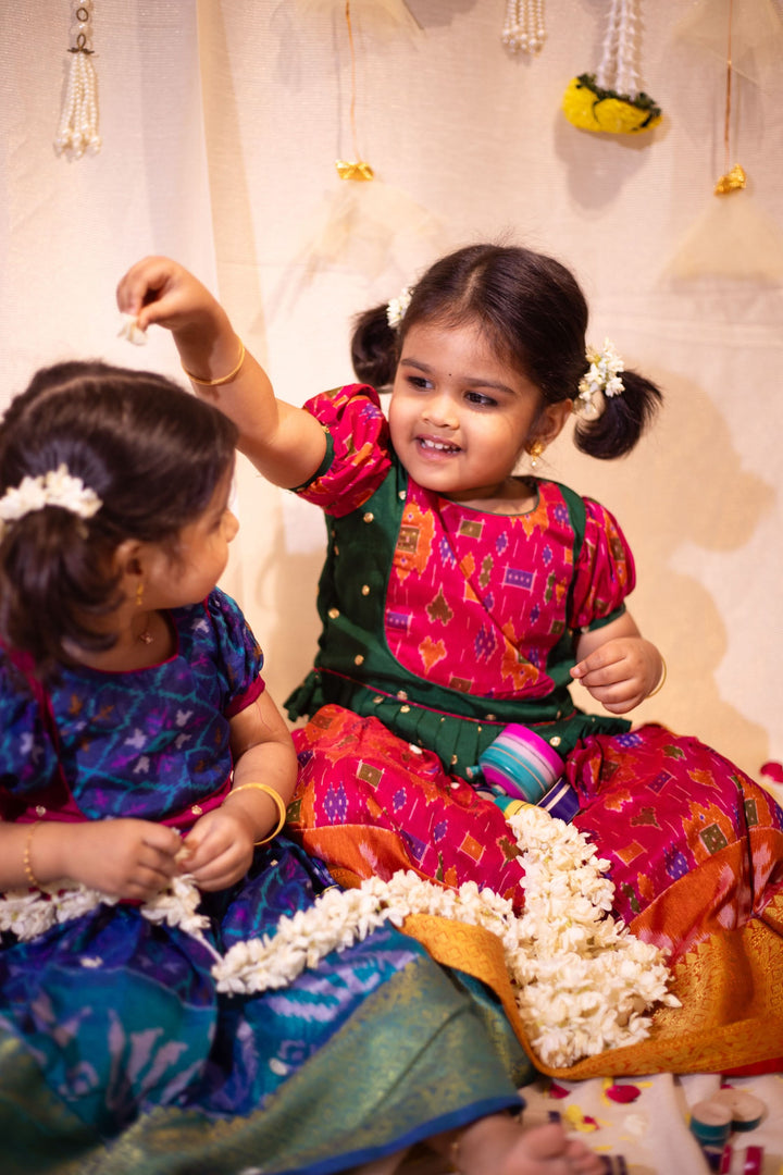 Sapphire Blue Ikkat print Lehenga and Top Set of Girl Kid | Made To Order