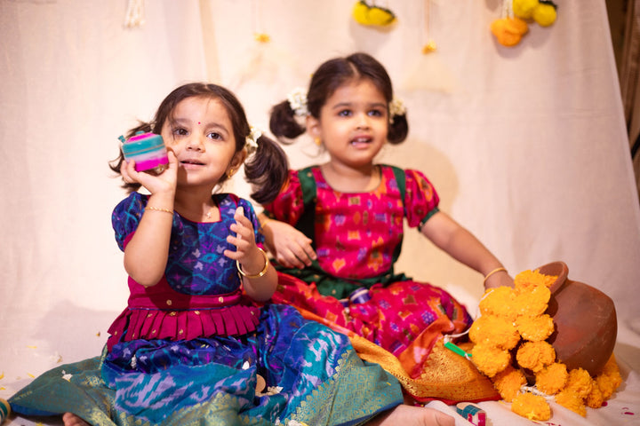 Sapphire Blue Ikkat print Lehenga and Top Set of Girl Kid | Made To Order