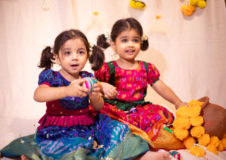 Sapphire Blue Ikkat print Lehenga and Top Set of Girl Kid | Made To Order